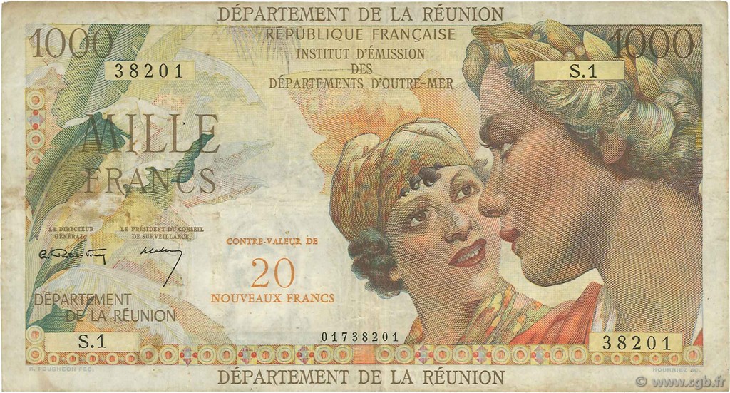 20 NF sur 1000 Francs Union Française ÎLE DE LA RÉUNION  1967 P.55a TB
