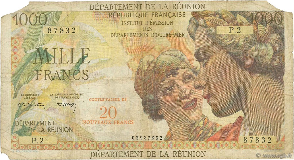 20 NF sur 1000 Francs Union Française ÎLE DE LA RÉUNION  1971 P.55b B