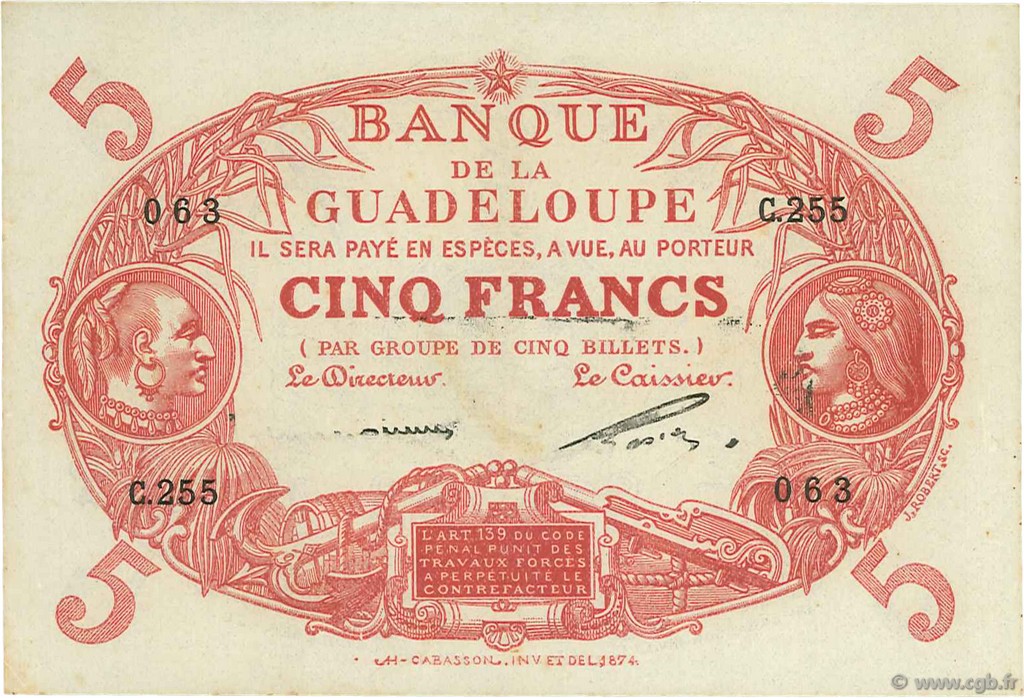 5 Francs Cabasson rouge GUADELOUPE  1943 P.07c TTB+