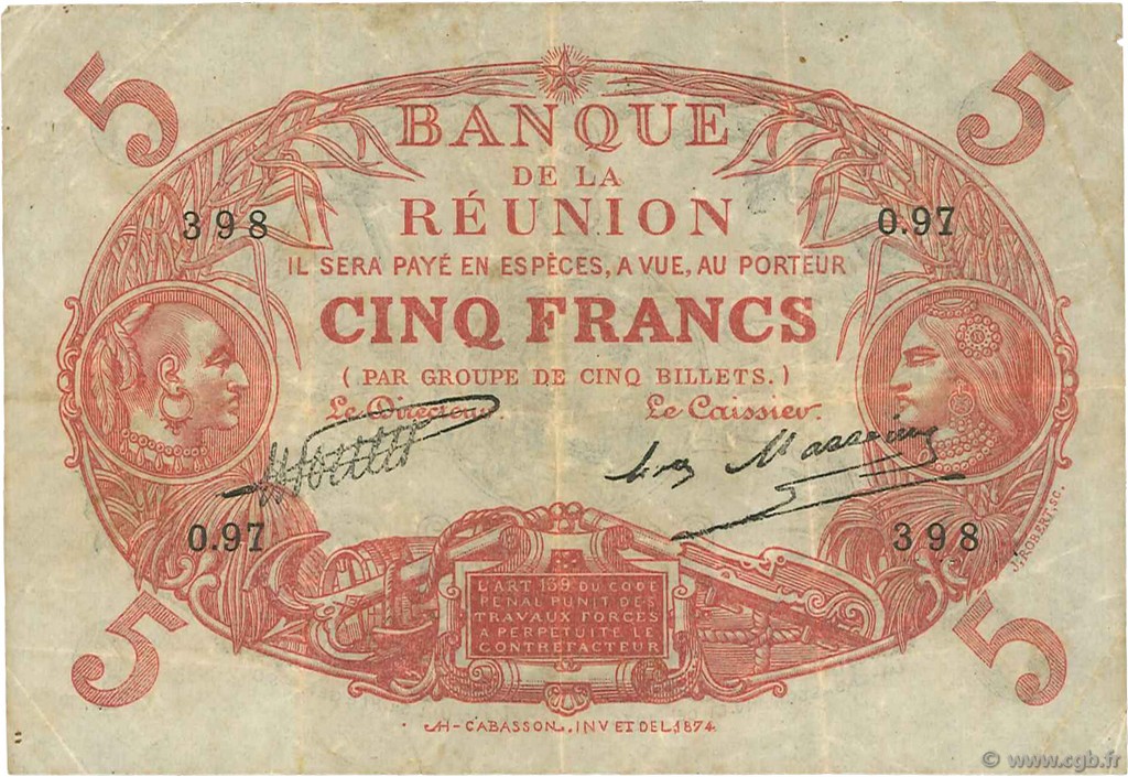 5 Francs Cabasson rouge ÎLE DE LA RÉUNION  1930 P.14 TB+