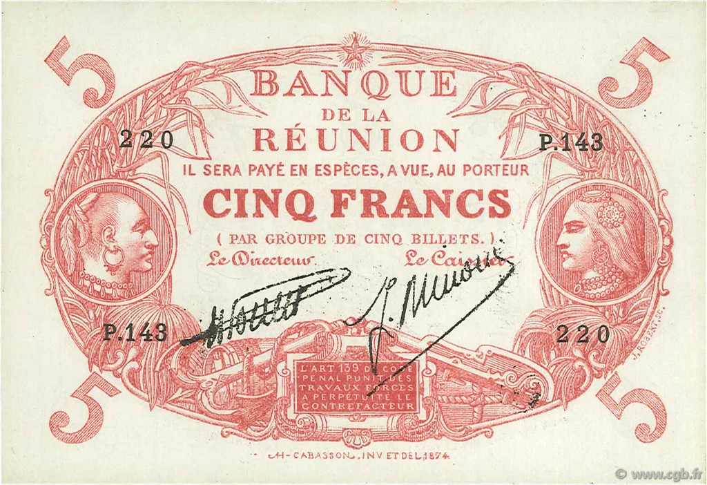 5 Francs Cabasson rouge ÎLE DE LA RÉUNION  1938 P.14 SUP+