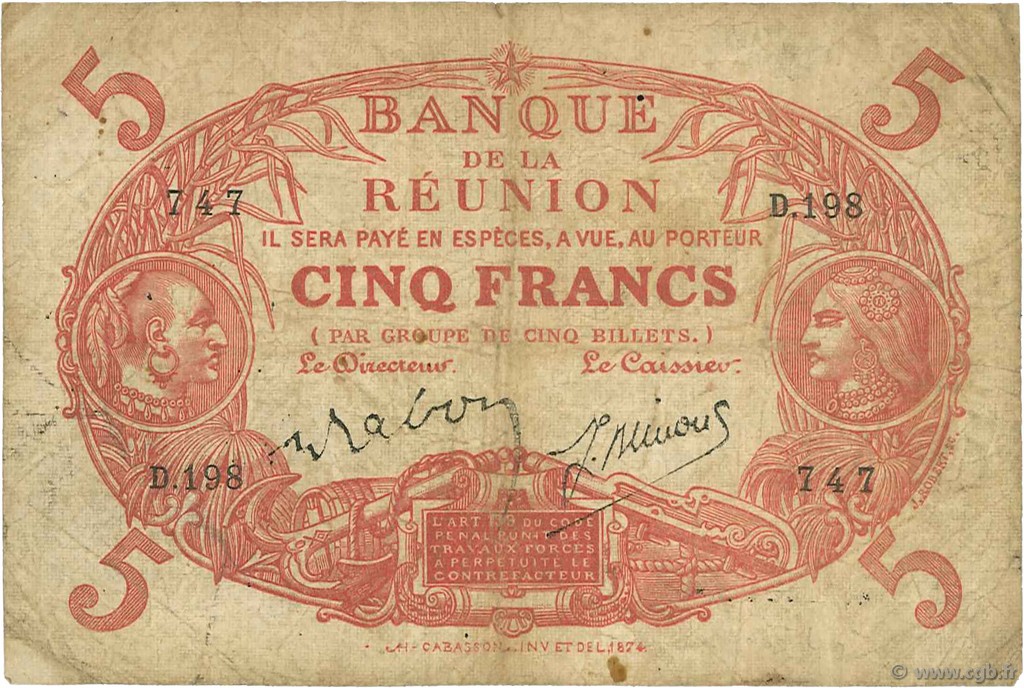 5 Francs Cabasson rouge ÎLE DE LA RÉUNION  1944 P.14 pr.TB