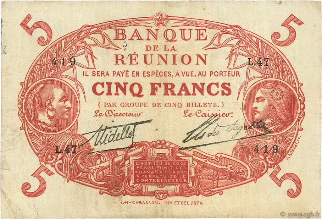 5 Francs Cabasson rouge ÎLE DE LA RÉUNION  1926 P.14 TB