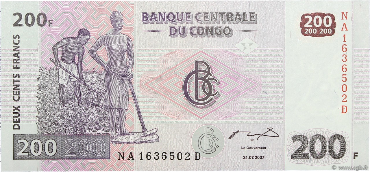 200 Francs REPúBLICA DEMOCRáTICA DEL CONGO  2007 P.099 FDC