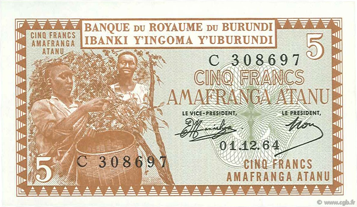 5 Francs BURUNDI  1964 P.08 pr.NEUF