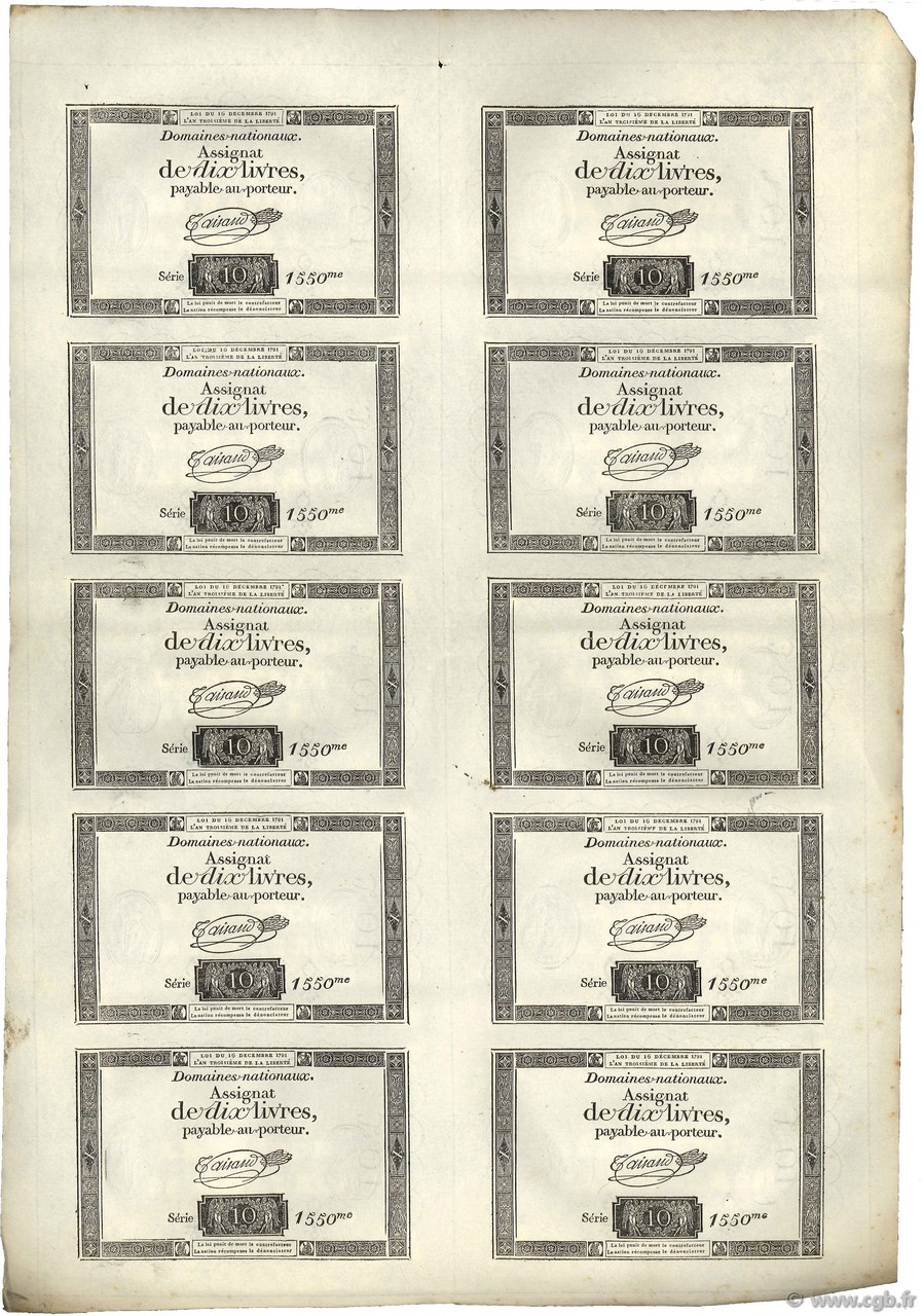 10 Livres Planche FRANCE  1791 Ass.21a SUP