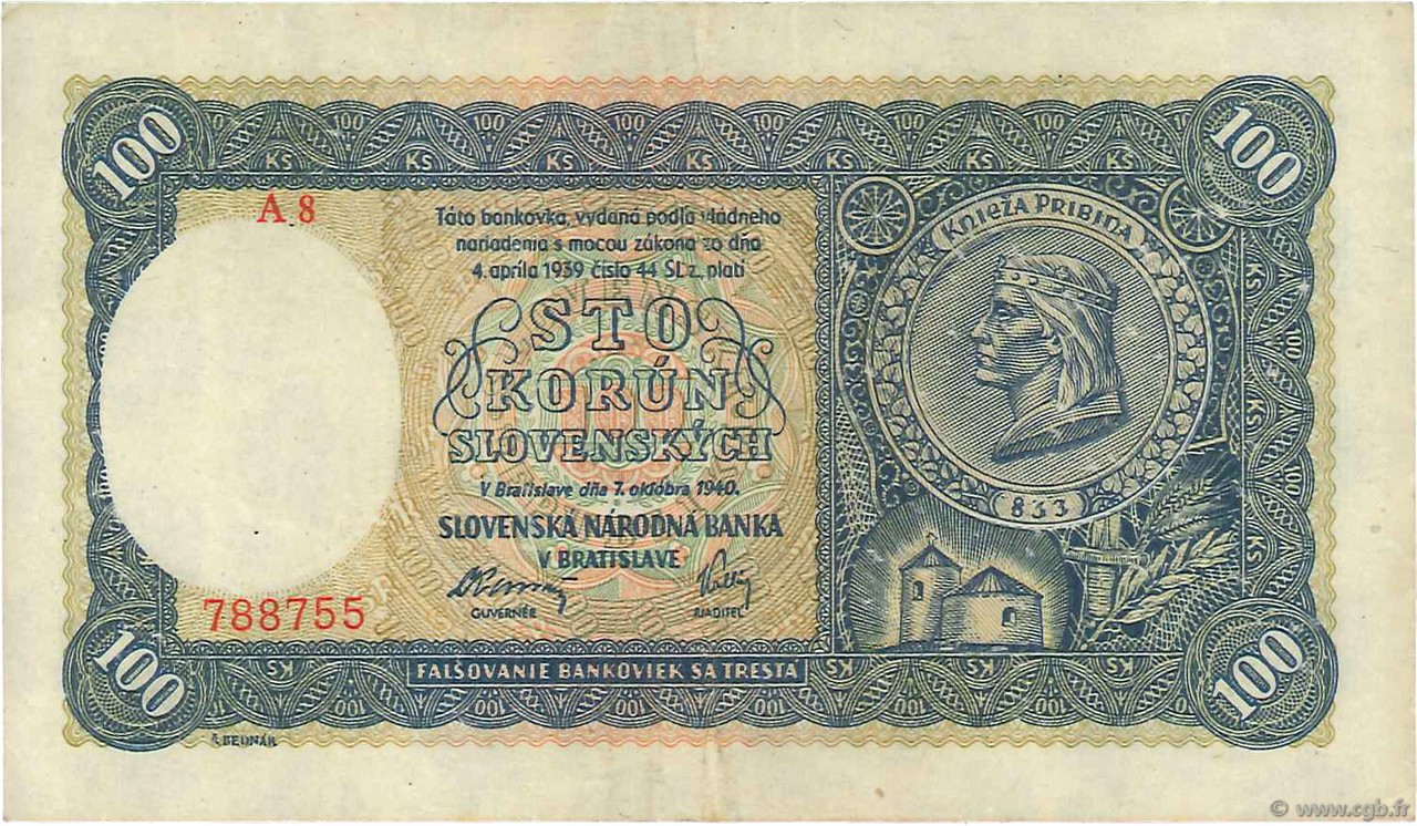 100 Korun SLOVAQUIE 1940 P.11a TTB+