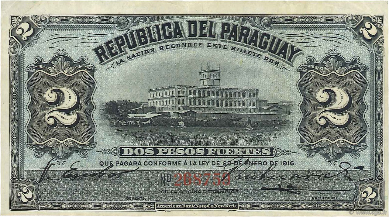 2 Pesos PARAGUAY  1916 P.139a TTB