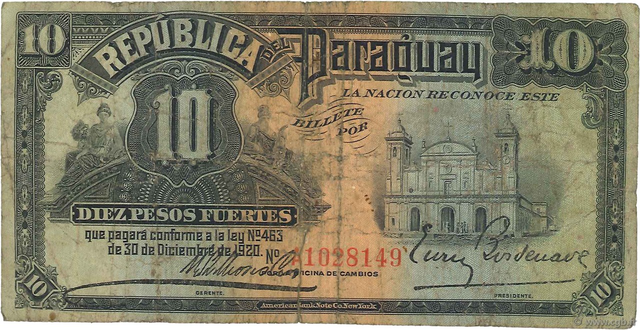 10 Pesos PARAGUAY  1920 P.144a B+