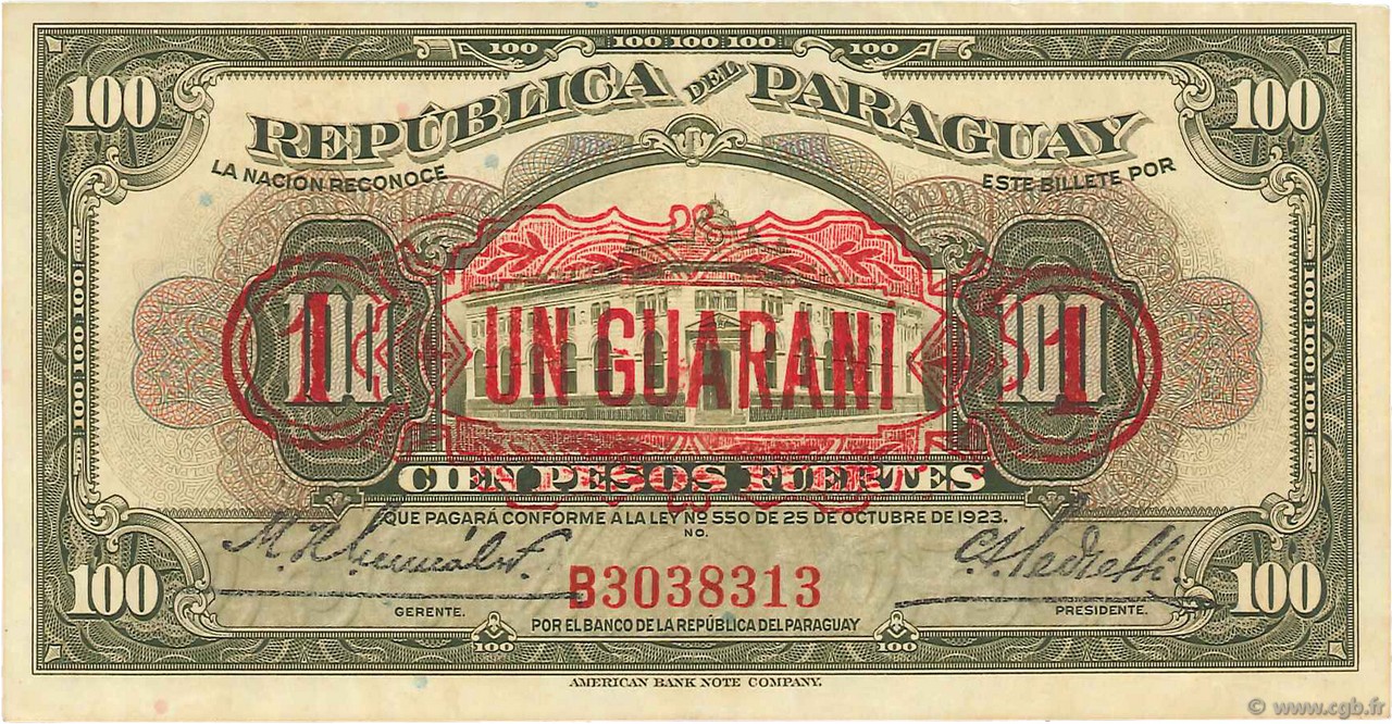 1 Guarani sur 100 Pesos PARAGUAY  1943 P.173a TTB