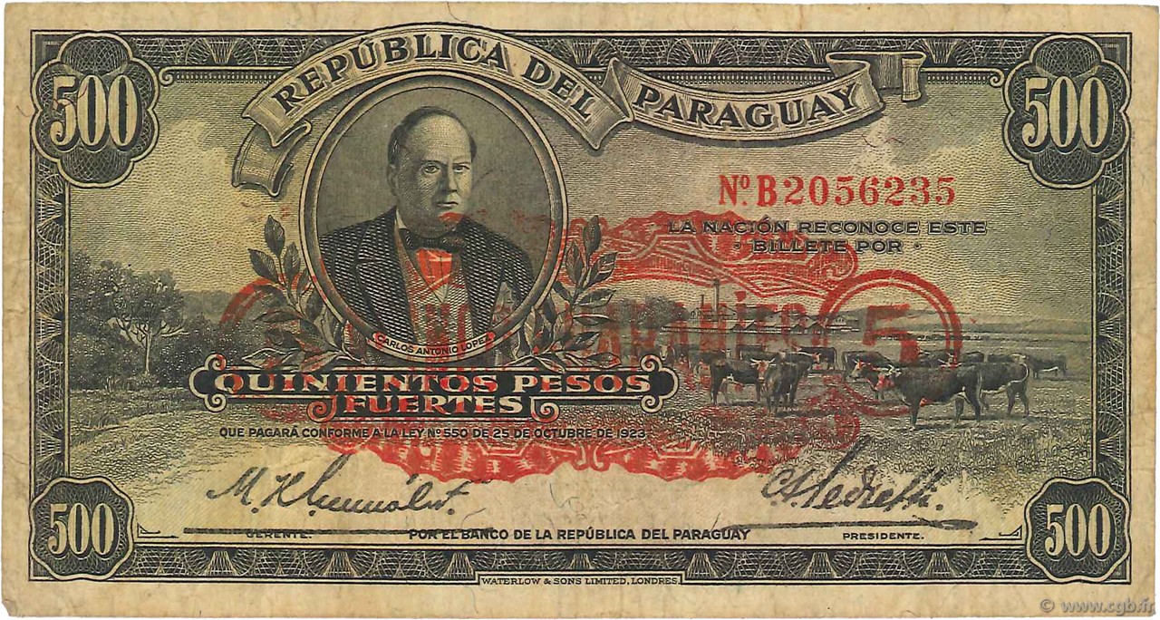 5 Guaranies sur 500 Pesos PARAGUAY  1943 P.174 TB