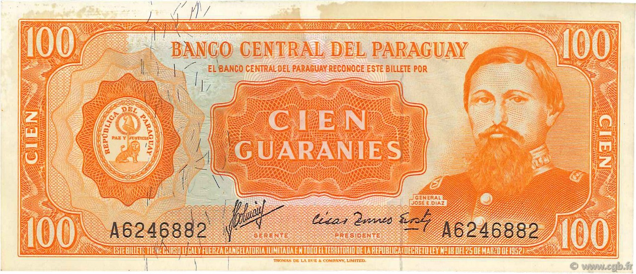 100 Guaranies PARAGUAY  1963 P.199a TTB