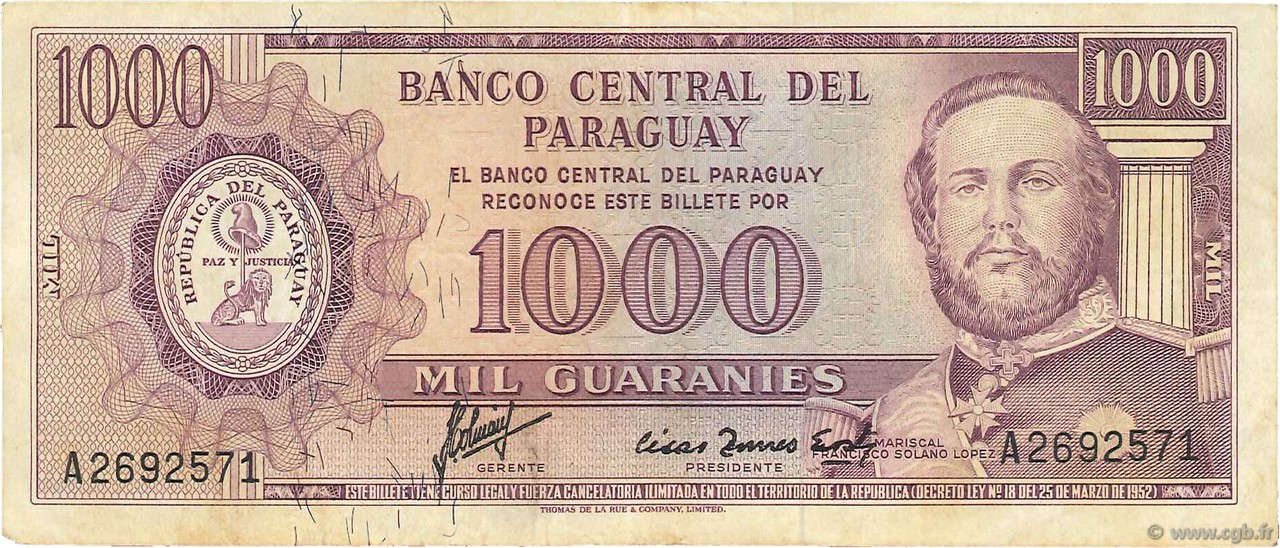 1000 Guaranies PARAGUAY  1963 P.201a TB