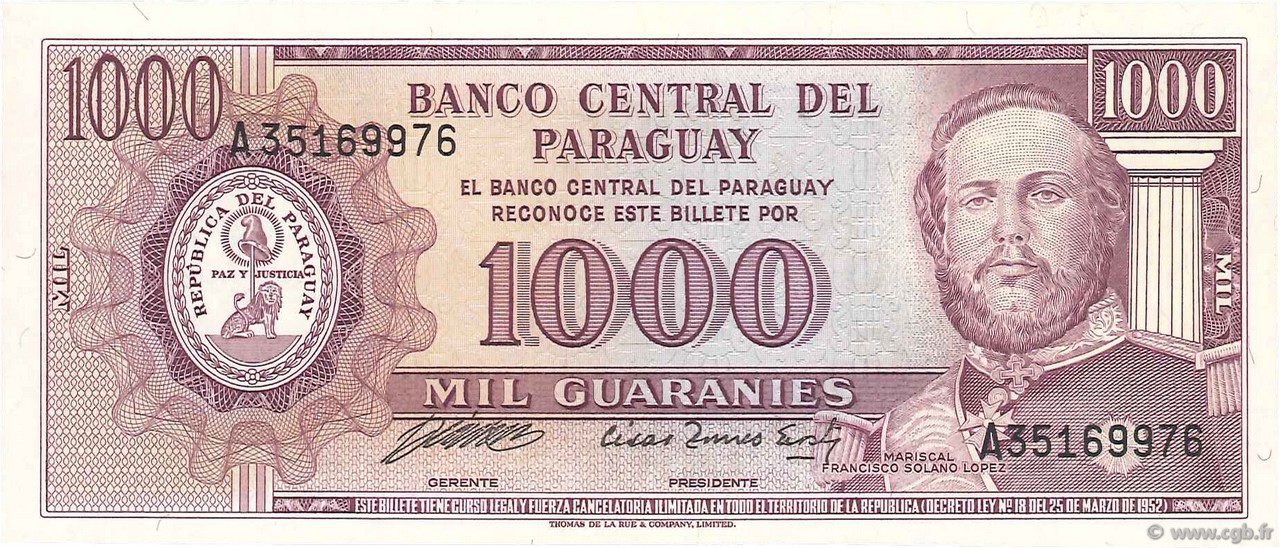 1000 Guaranies PARAGUAY  1982 P.207 pr.NEUF