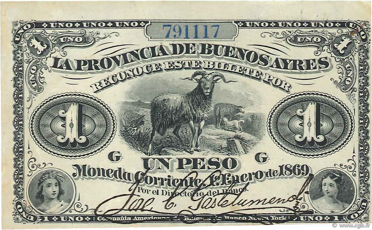 1 Peso ARGENTINE  1869 PS.0481a TTB