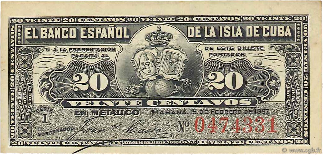 20 Centavos CUBA  1897 P.053a XF