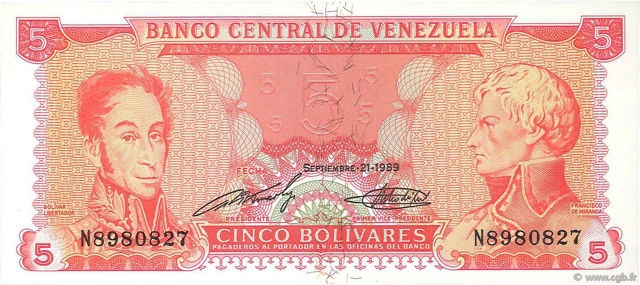 5 Bolivares VENEZUELA  1989 P.070a UNC