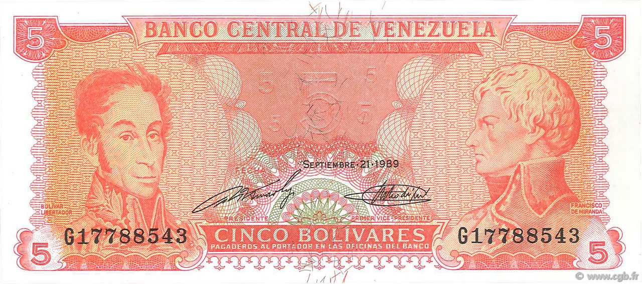 5 Bolivares VENEZUELA  1989 P.070a NEUF