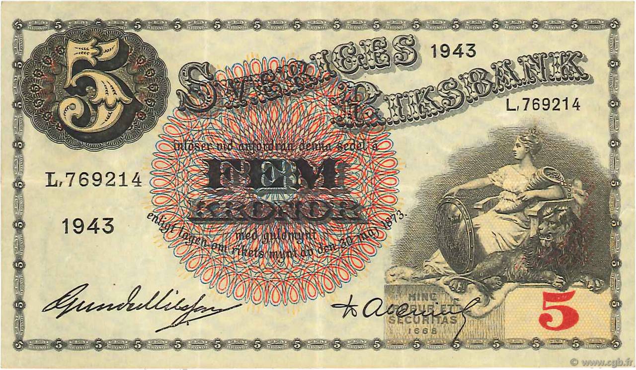 5 Kronor SUÈDE  1943 P.33z TTB