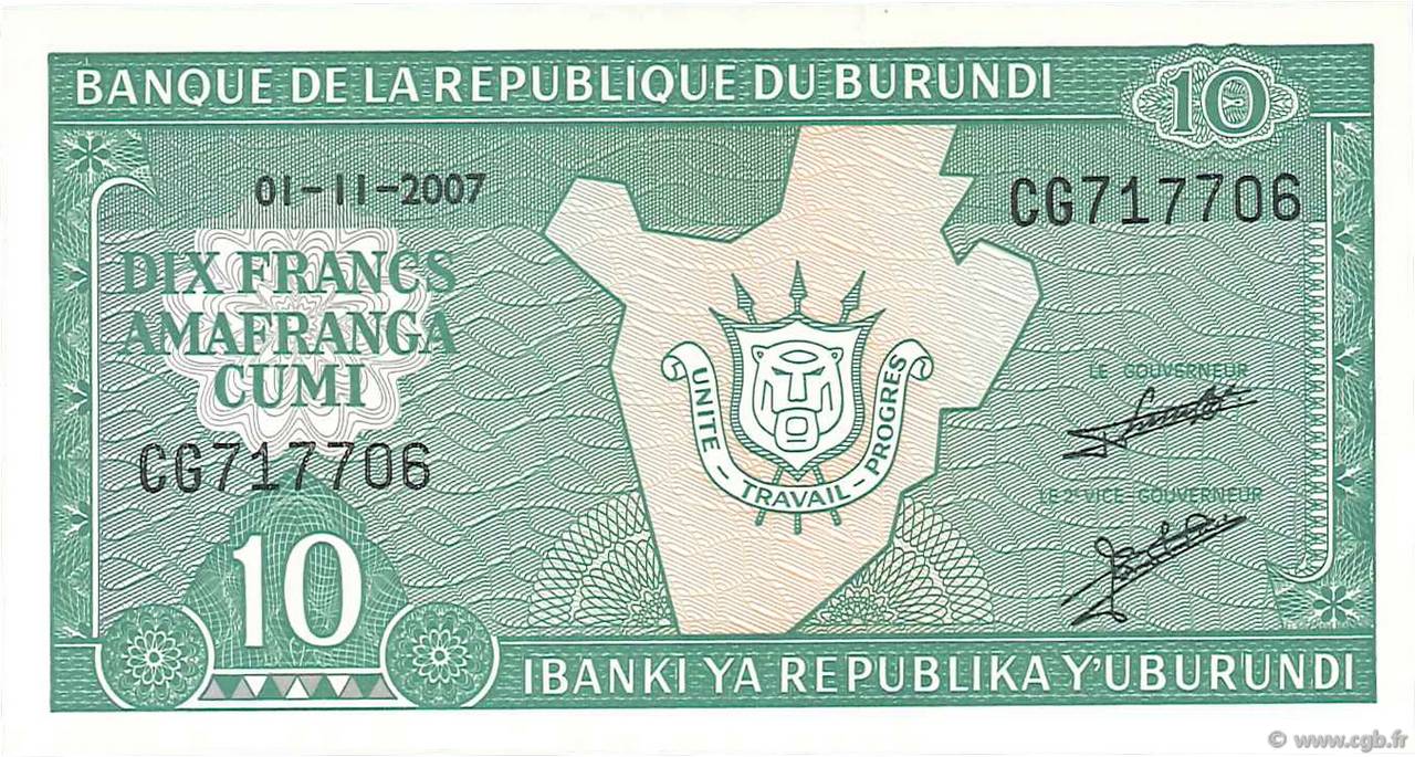 10 Francs BURUNDI  2007 P.33e UNC