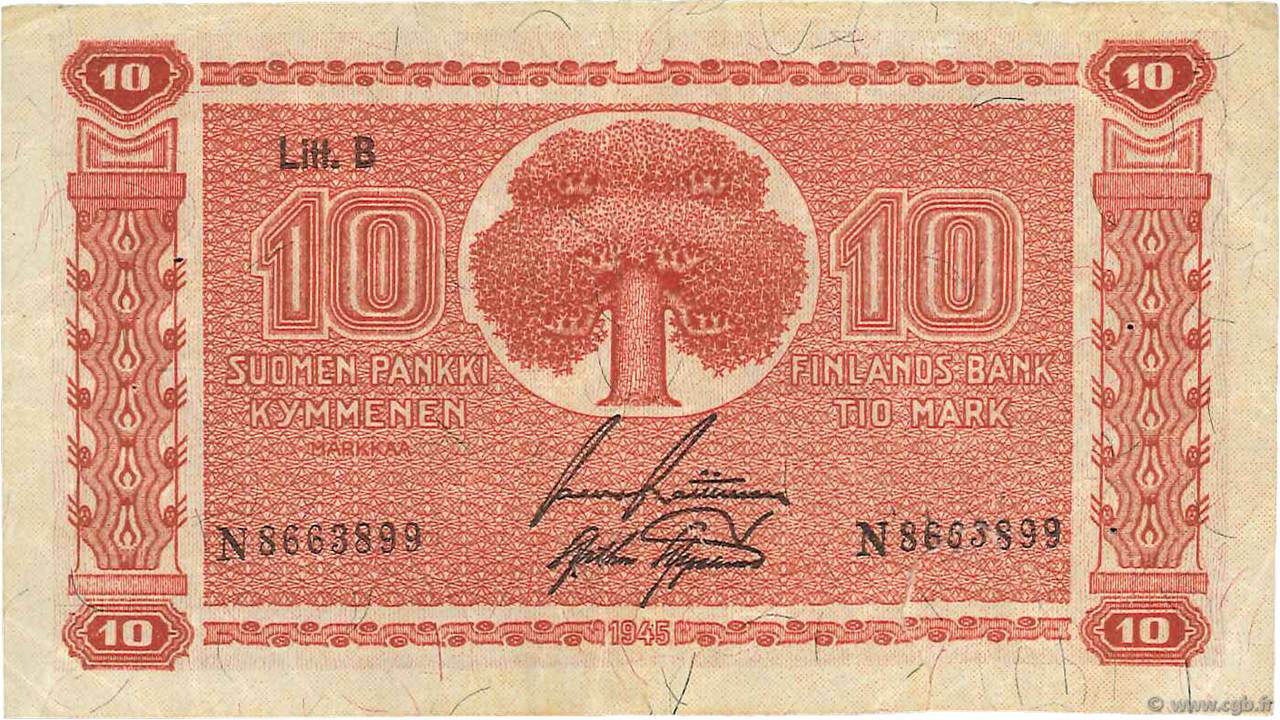 10 Markkaa FINLANDE  1945 P.085 TB+