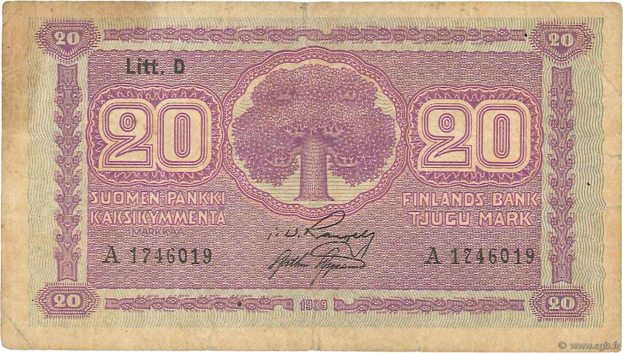 20 Markkaa FINLANDE  1939 P.071a TB