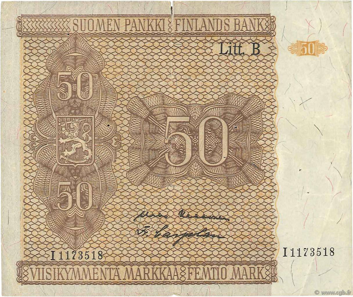 50 Markkaa FINLANDE  1945 P.087 TTB