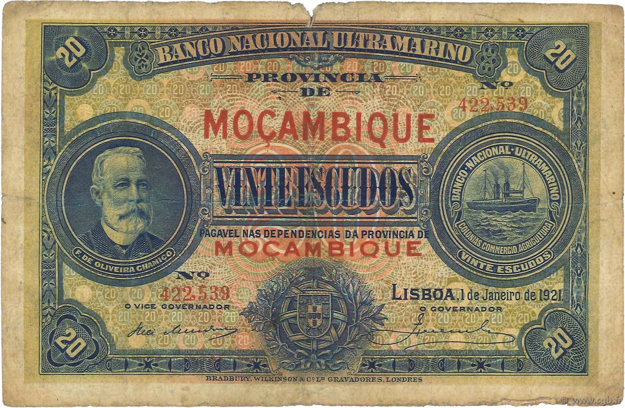 20 Escudos MOZAMBIQUE  1921 P.070b pr.TB