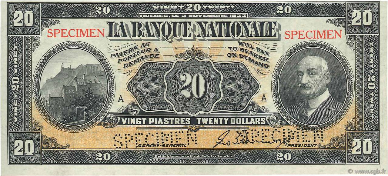 20 Dollars - 20 Piastres Spécimen CANADA  1922 PS.0873s pr.NEUF