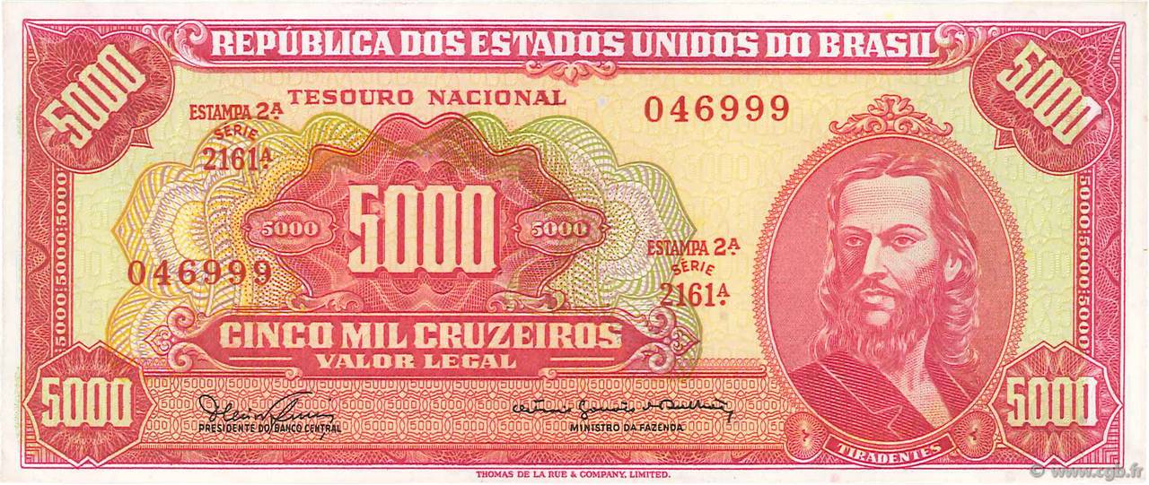 5000 Cruzeiros BRAZIL 1965 P.182A AU