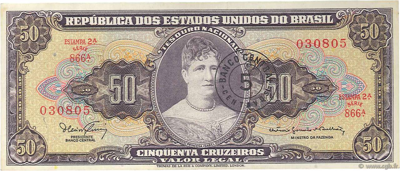 5 Centavos sur 50 Cruzeiros BRÉSIL  1966 P.184a TTB