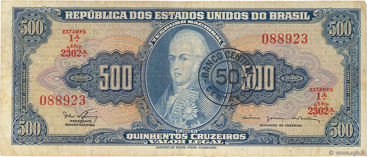 50 Centavos sur 500 Cruzeiros BRÉSIL  1967 P.186a TTB