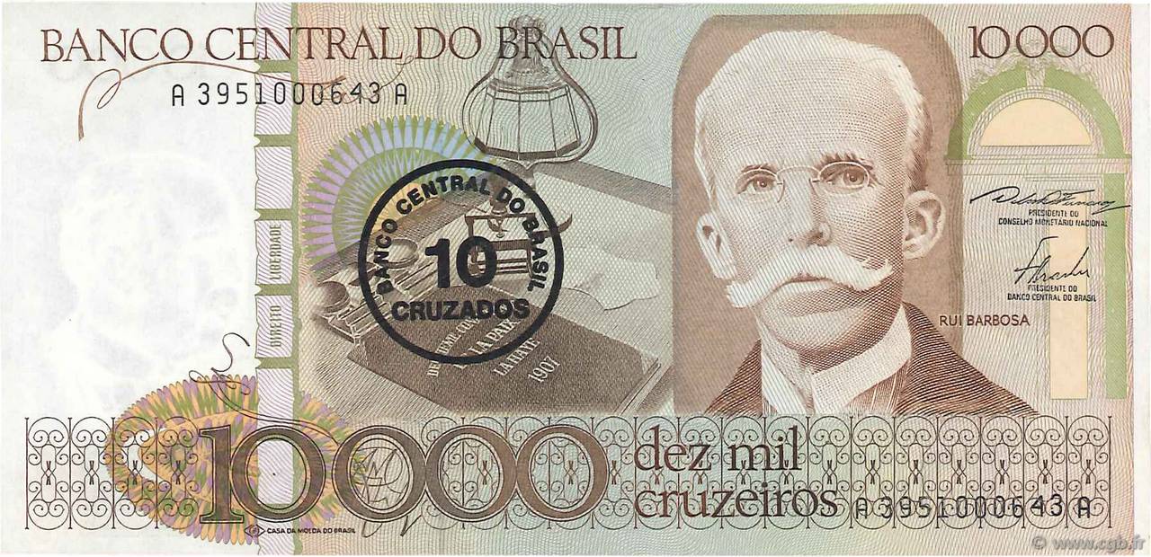 10 Cruzados sur 10000 Cruzeiros BRÉSIL  1986 P.206 TTB