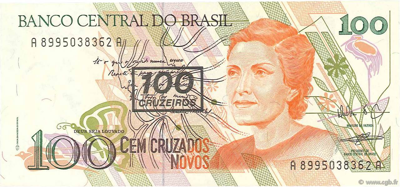 100 Cruzeiros sur 100 Cruzados Novos BRÉSIL  1990 P.224b NEUF
