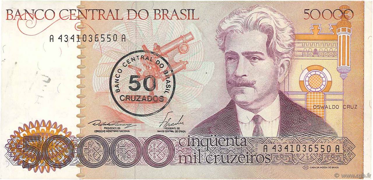 50 Cruzados sur 50000 Cruzeiros BRÉSIL  1986 P.207a TTB+