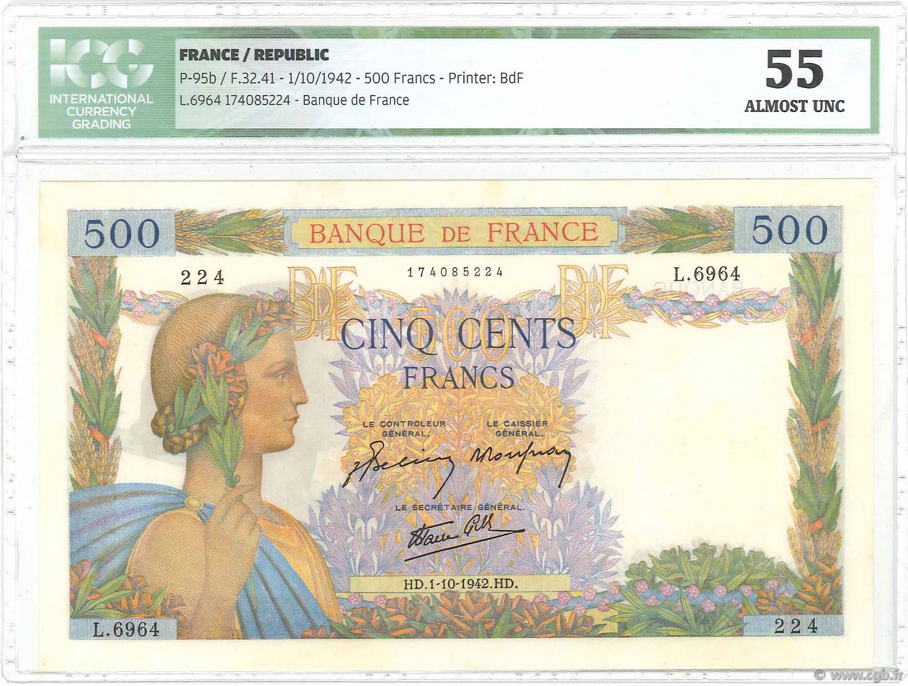 500 Francs LA PAIX FRANCE  1942 F.32.41 AU+
