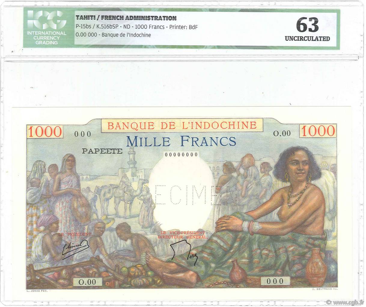 1000 Francs Spécimen TAHITI  1938 P.15bs pr.NEUF
