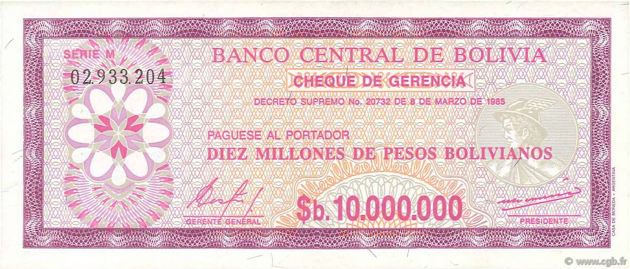 10000000 Pesos Bolivianos BOLIVIE  1985 P.194a pr.NEUF