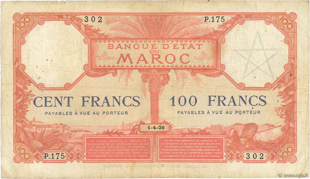 100 Francs MAROC  1926 P.14 TB