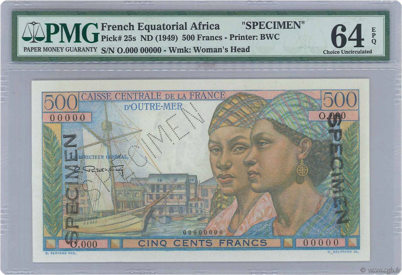 500 Francs Pointe à Pitre Spécimen AFRIQUE ÉQUATORIALE FRANÇAISE  1946 P.25s pr.NEUF