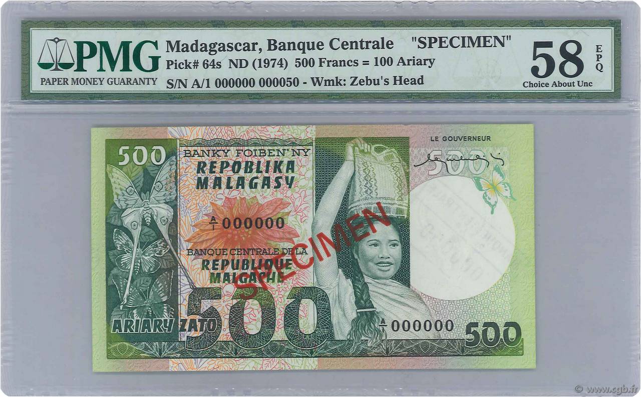 500 Francs - 100 Ariary Spécimen MADAGASCAR  1974 P.064s SPL