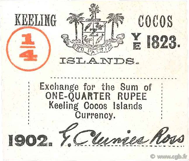 1/4 Rupee ÎLES KEELING COCOS  1902 PS.124 pr.NEUF