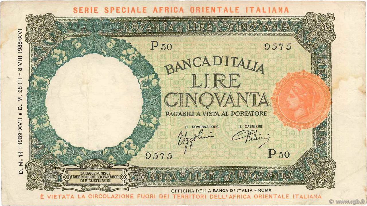 50 Lire AFRIQUE DE L EST ITALIENNE  1939 P.01b TTB