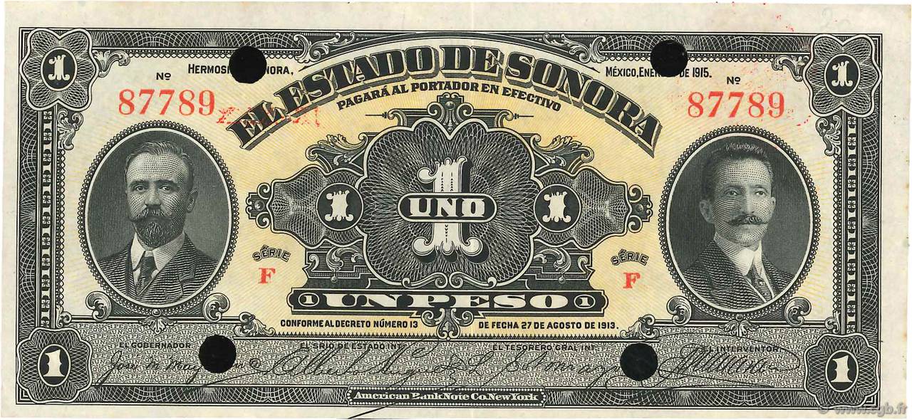 1 Peso Annulé MEXIQUE Hermosillo 1915 PS.1071 pr.SPL