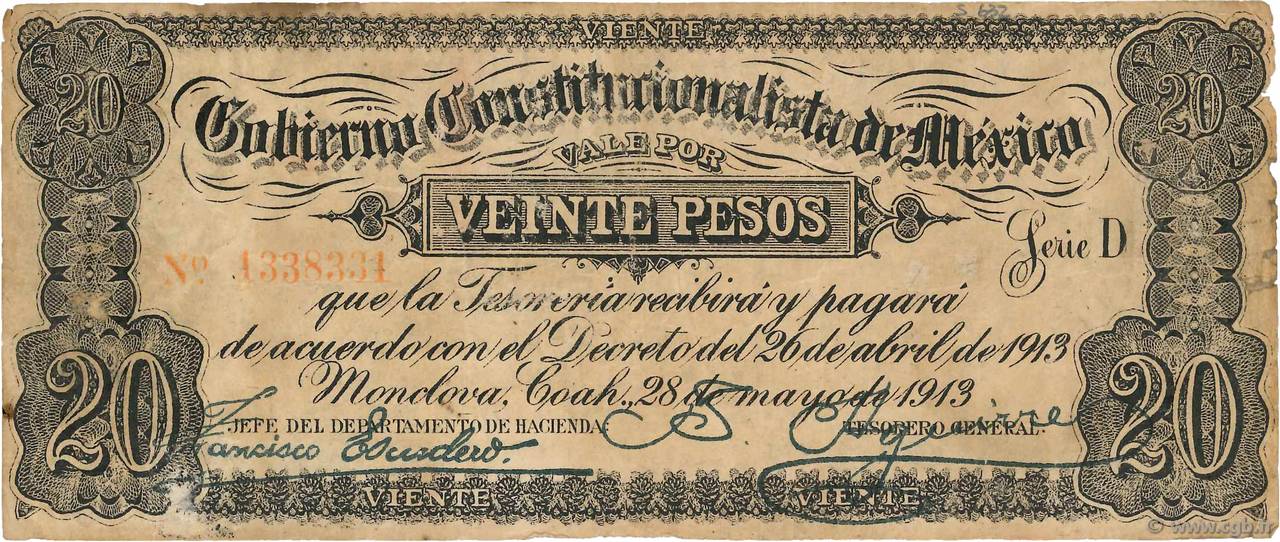 20 Pesos Numéro radar MEXIQUE Monclova 1913 PS.0632c TB