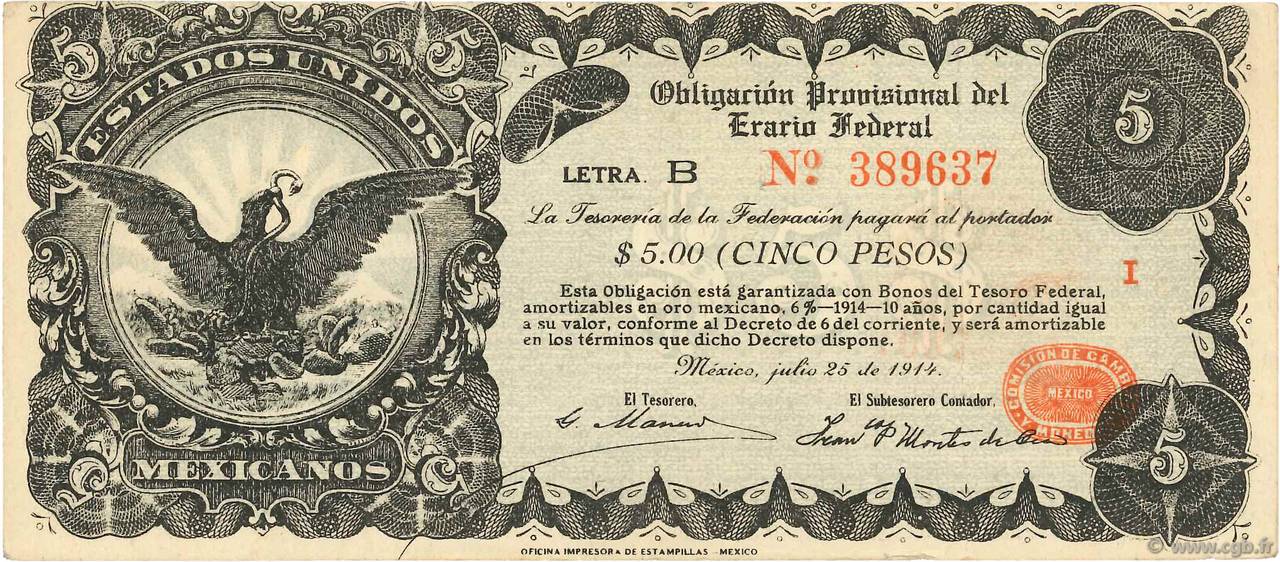 5 Pesos MEXIQUE  1914 PS.0714 TTB+