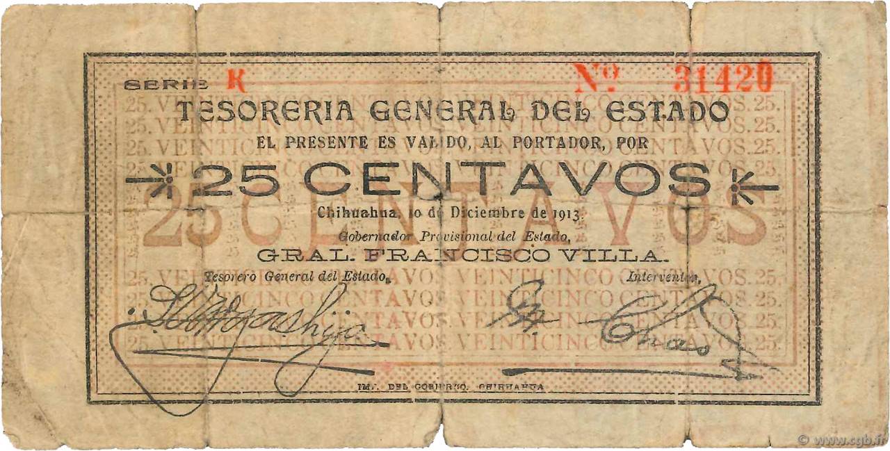 25 Centavos MEXIQUE  1913 PS.0551d B