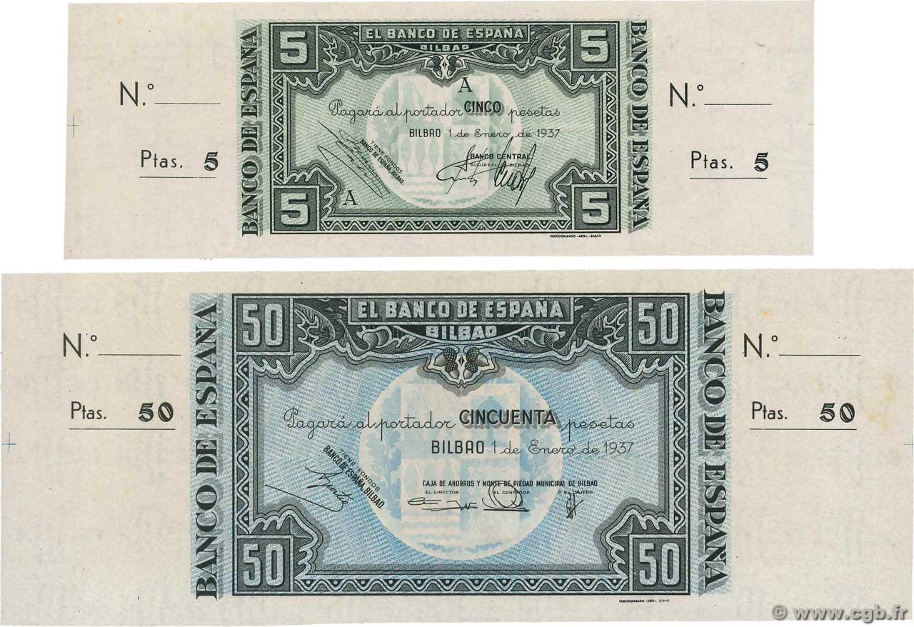 5 et 50 Pesetas ESPAGNE Bilbao 1937 PS.561 et 564h SPL+