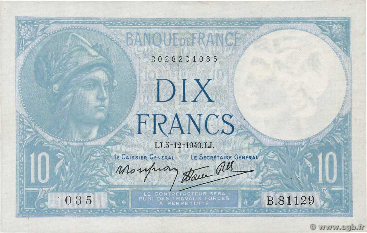 10 Francs MINERVE modifié FRANCE 1940 F.07.24 SPL