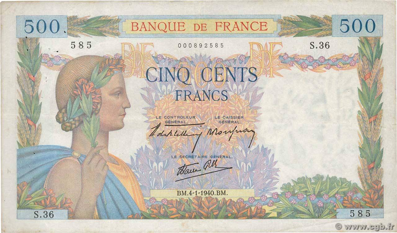 500 Francs LA PAIX FRANCE 1940 F.32.01 pr.TTB